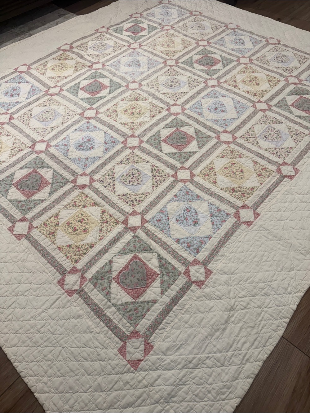 Handmade Patchwork Quilt - Cream Base with Pastel Heart Floral Blocks